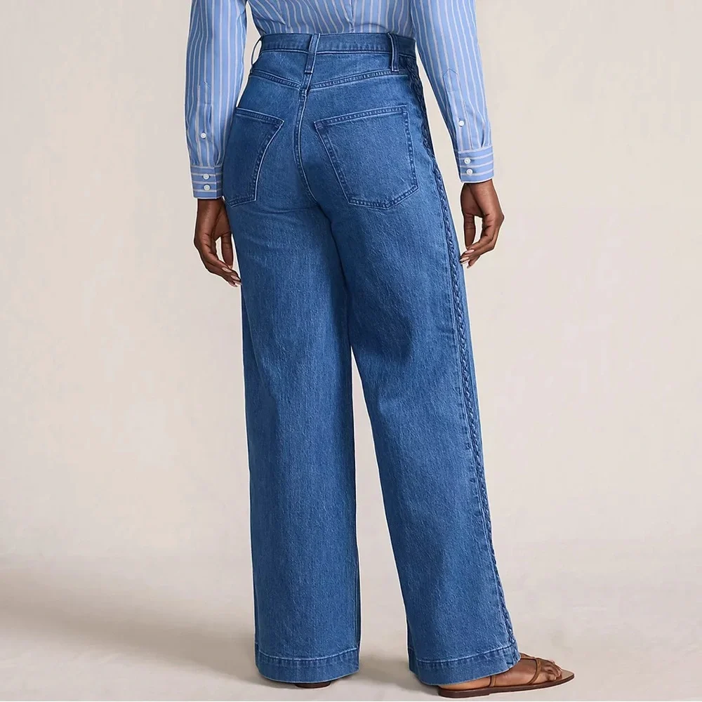 Land’s End Soft Denim High Rise Wide Leg Braided Jeans 15 blue sustainable flare - Picture 2 of 14
